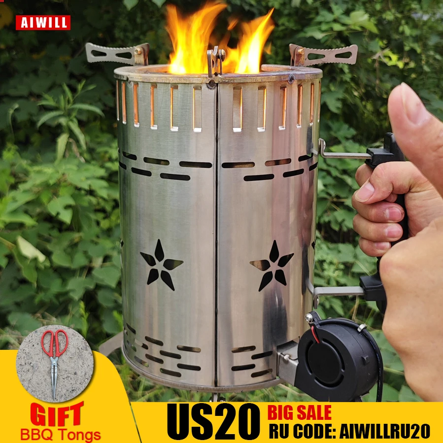 AIWILL Outdoor Wood Burning Stove Stainless Steel Foldable Bracket Firewood Furnace Charcoal Cooker BBQ Electronic Blower Stove