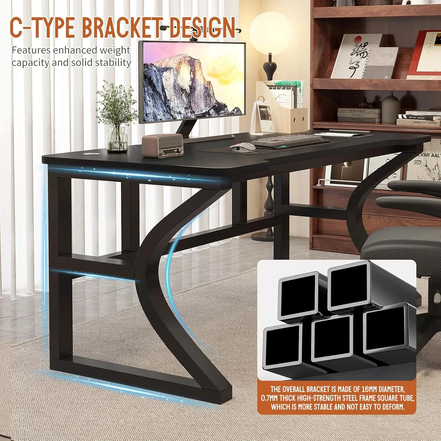 مكتب كمبيوتر مقاس 47.3 بوصة، مكاتب مكتبية منزلية، مكتب صغير لغرفة النوم، طاولة عمل للدراسة مع منافذ شحن USB باللون الأسود