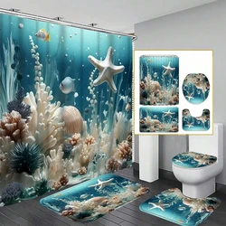4pcs Coral Starfish Pattern Bathroom Set, Waterproof Fabric Shower Curtain With 12 Hooks Toilet Lid Cover, Bathroom Decor