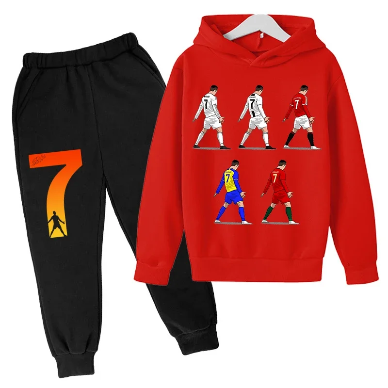 

Children's hooded Ronaldo avatar set, velvet sweatshirt and pants, two-piece sportswear, red, autumn/winter
