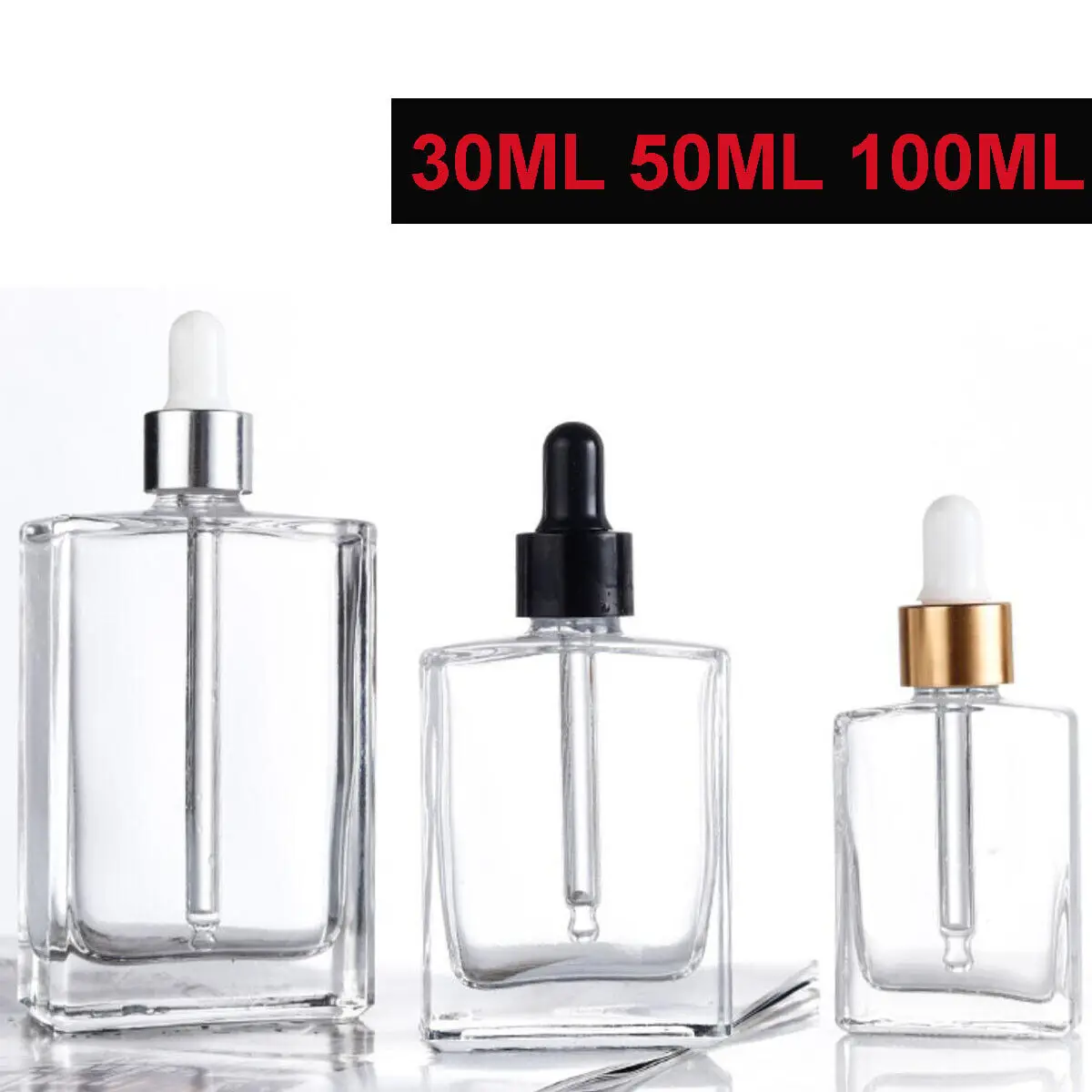 

63pcs 15ml 30ml 50ml 100ml Rectangle Square Flat Glass Essential Oils Dropper Bottle Eye Drop Refillable with Gold Silver cap