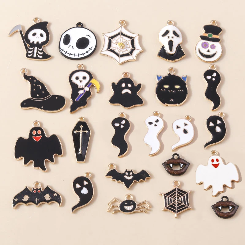 Mixed 20pcs Enamel Halloween Death Ghost Charms Pendants for Jewelry Making Cute Earrings Necklaces DIY Craft Jewelry Gifts