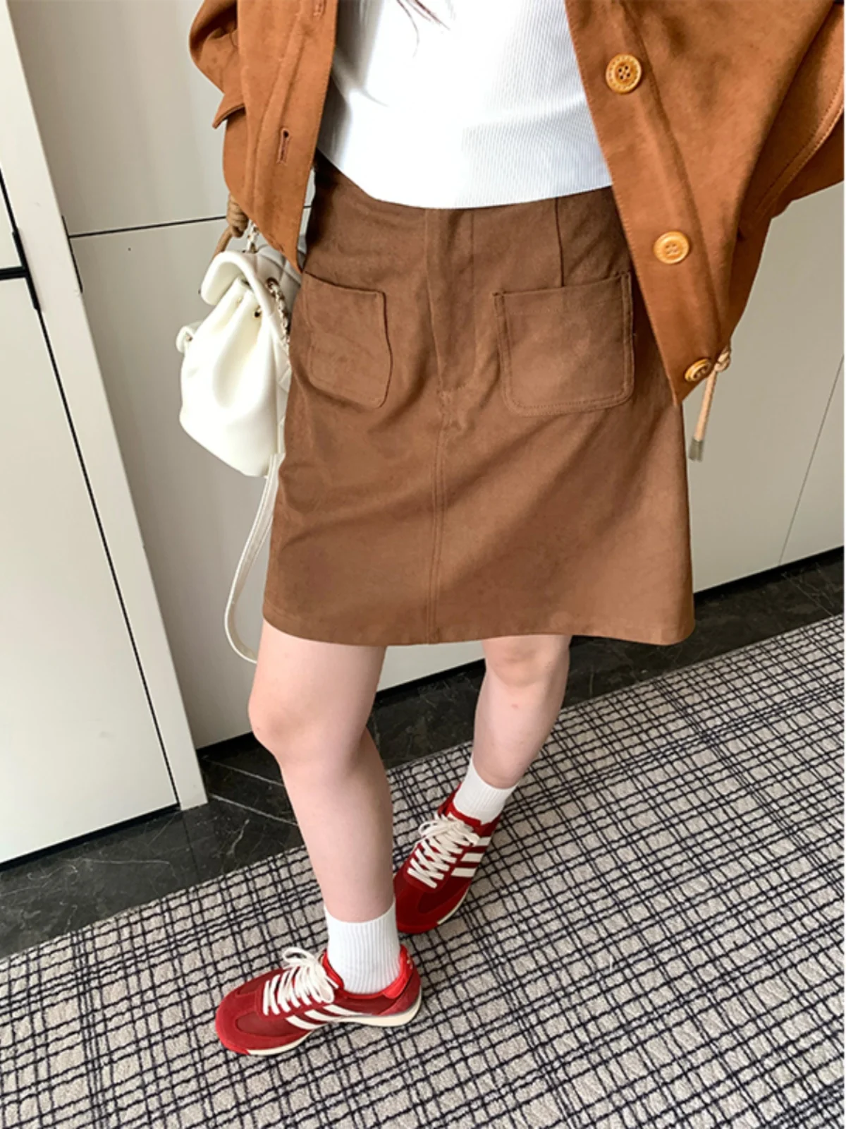 

Khaki High Waist A-Line Skirt Women's Autumn Winter New Style Retro Pocket Design Slimming Skirt Casual Polyester Fiber