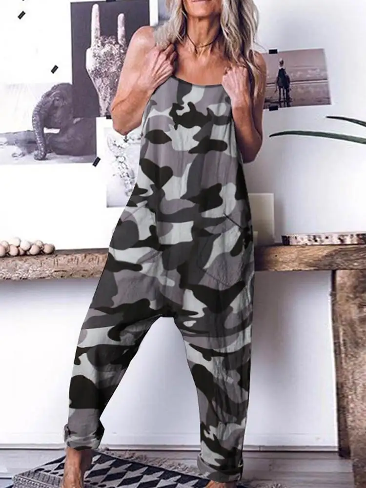 Vrouwen Camouflage Gedrukt Jumpsuits Celmia 2022 Zomer Spaghetti Casual Loose Drop Kruis Lange Rompertjes Harembroek Overalls