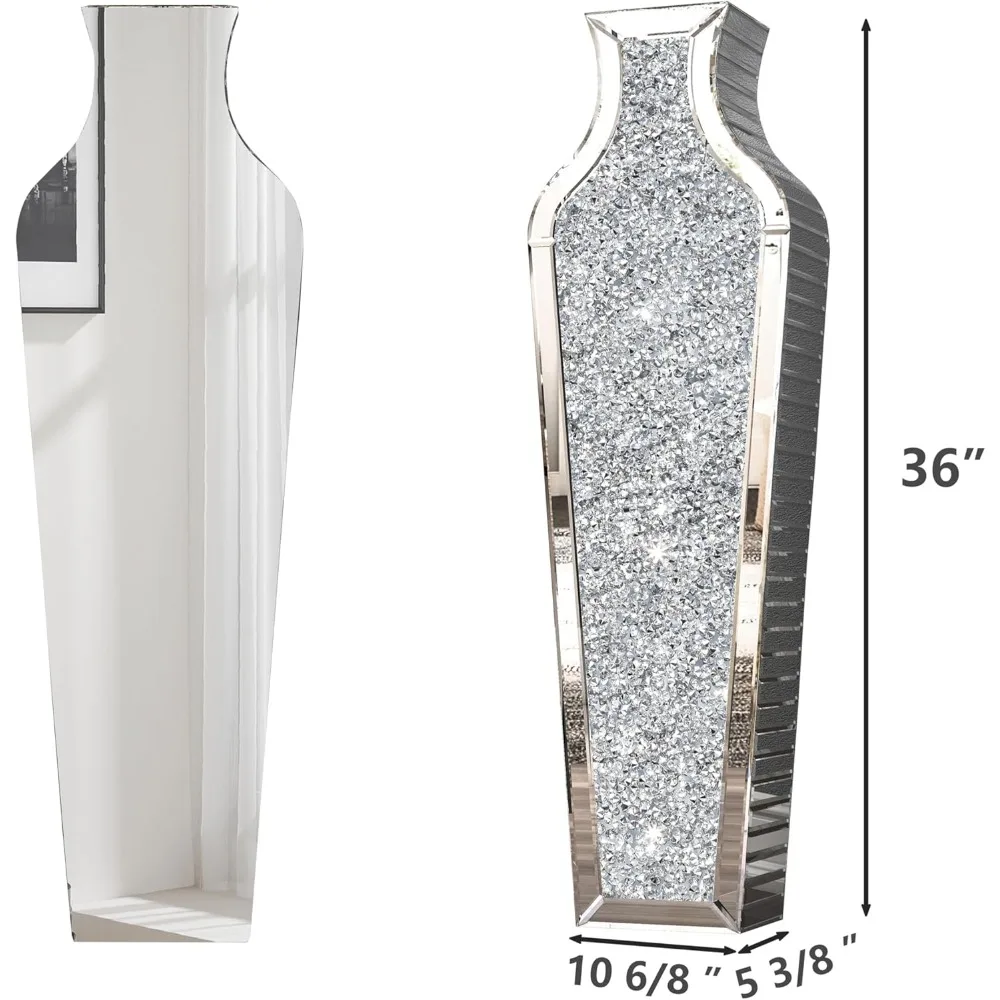 36 inch Floor Vase Crushed Diamond Decorative Mirrored Tall Vases for Decor Living Room, Large Silver Glass Floor Vase