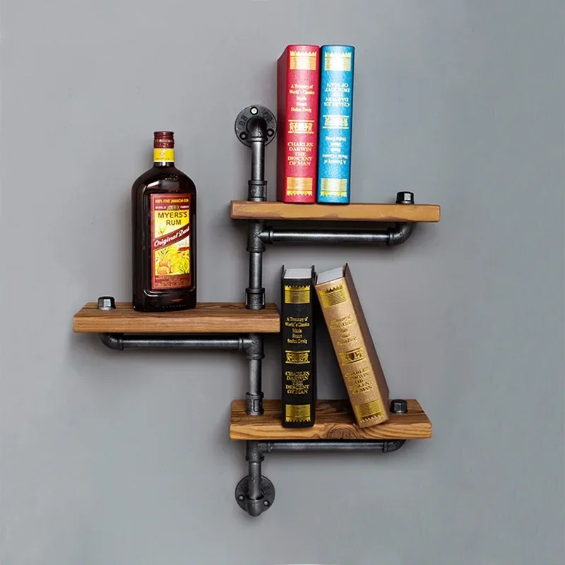 Rural water pipe wall bookshelf wrought iron wood cafe wall shelf shelf creative wall hanging horizontal board ledge