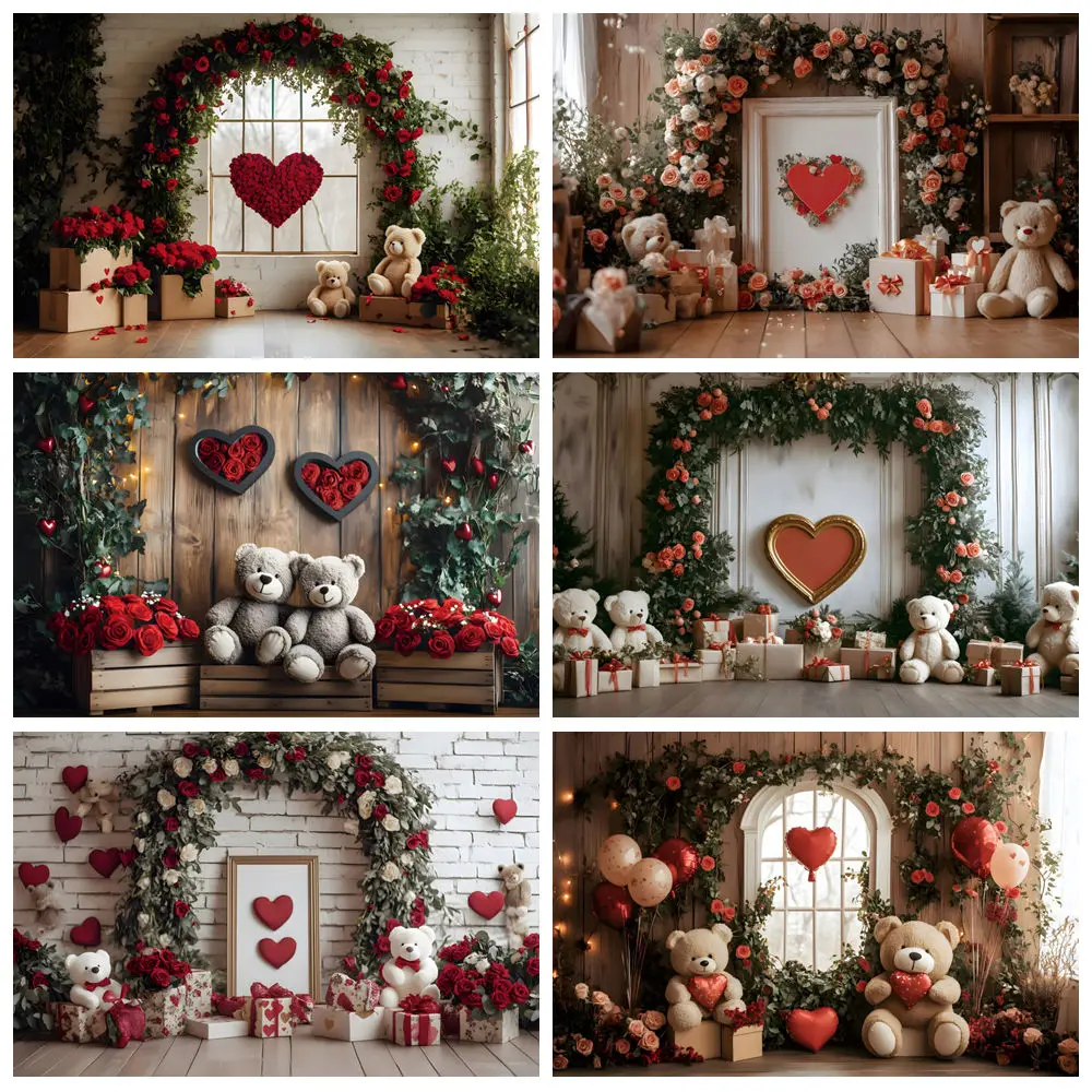 

Valentine's Day Photography Backdrop Toy Bears Love Heart Rose Flowers Wood Wall Floor Wedding Portrait Decor Photo Background