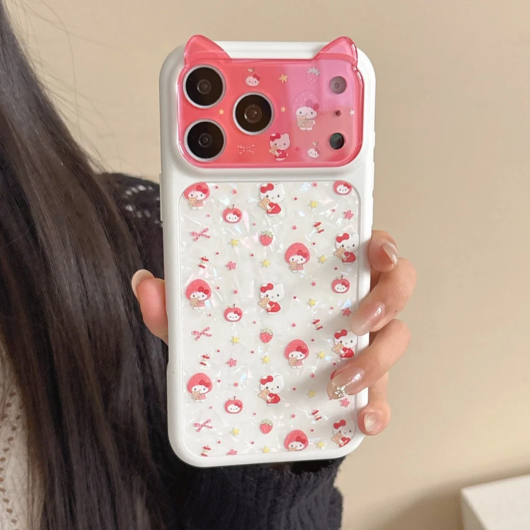 

Cartoon Strawberry Sanrio Hello Kitty Shockproof Phone Case For iphone 17 16 15 Pro Max Cute 3D Ear Lens Camera Protective Cover