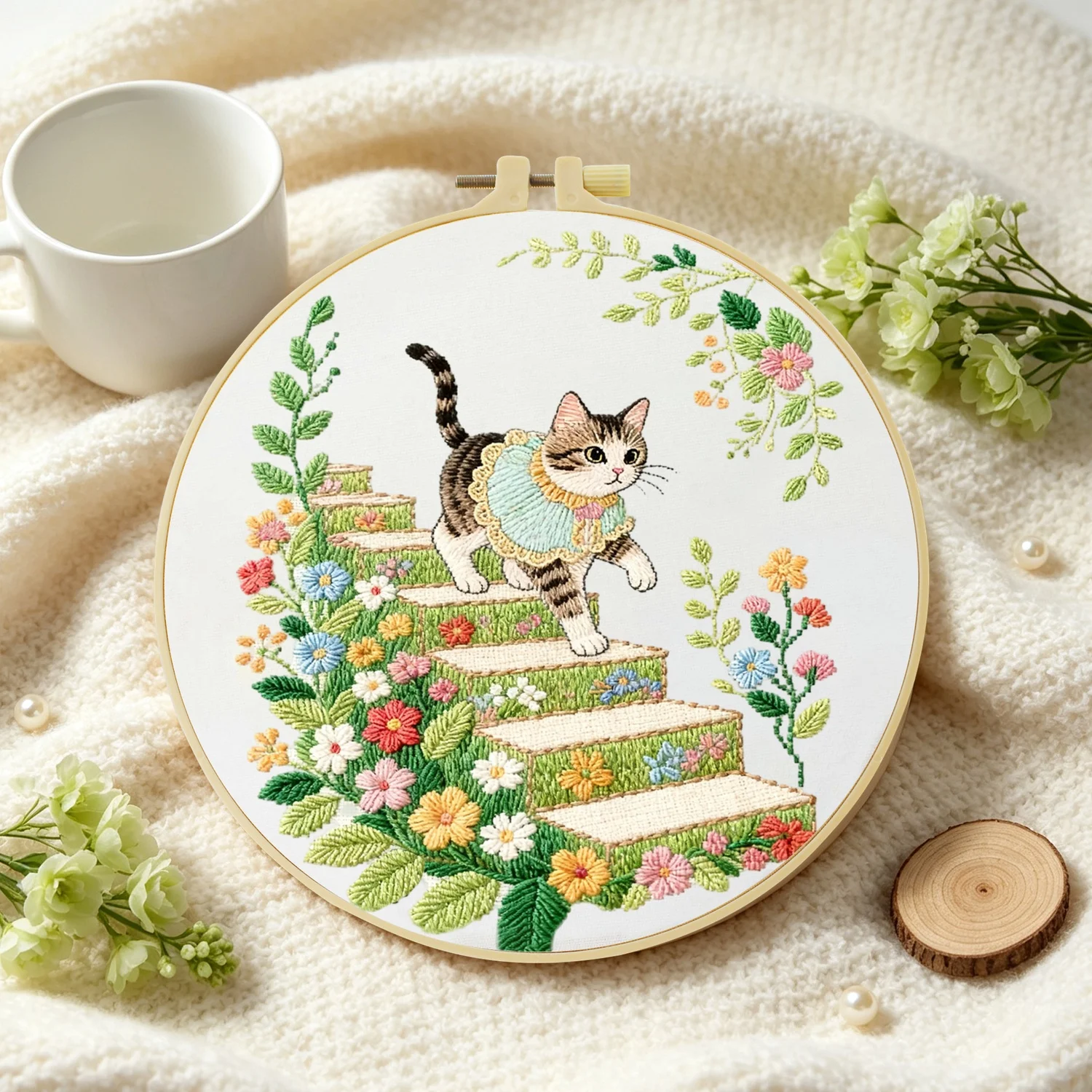 1Set Calico Cat On Garden Diy Embroidery Kit For Beginner Embroide Starter Kit Cross Stitch Art Gift Needlework Craft