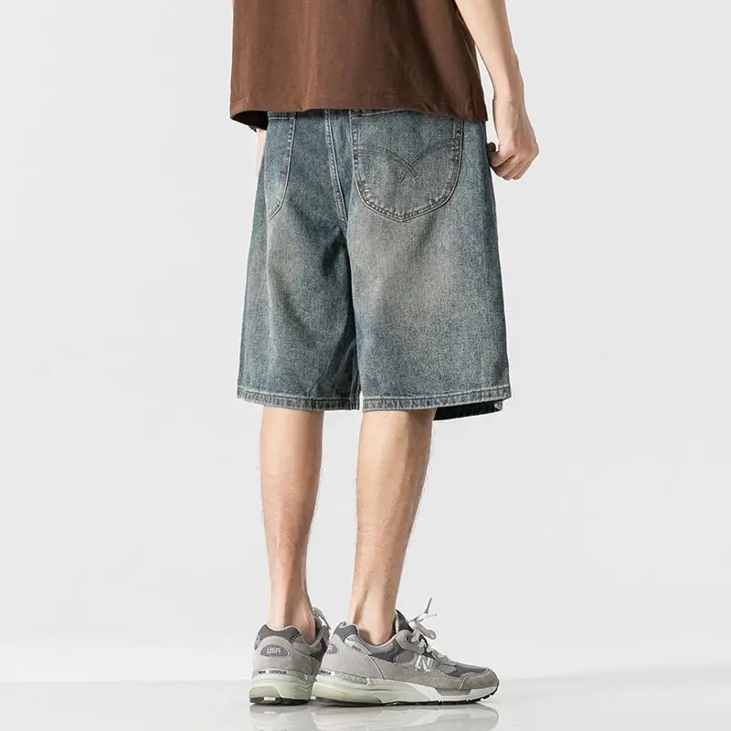 

Мужские винтажные джинсовые шорты свободного кроя с эффектом потертости, прямые, повседневные, длиной до колена