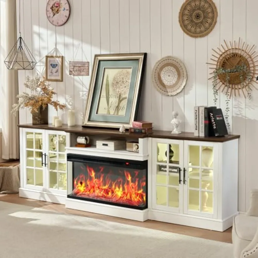 

97" Farmhouse 3 Sided Glass 36" Electric Heater for s up to 100", Media Entertainment Center with Adjustable Shelves and Large