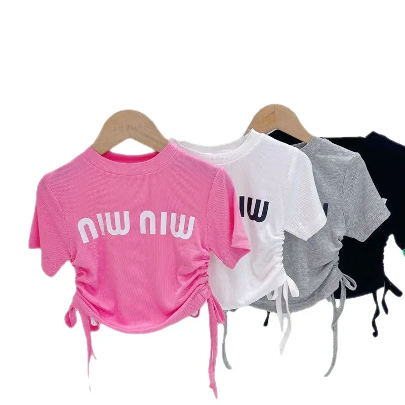 Zomerjurk Meisjes T-Shirt Met Korte Mouwen, Letter Top 2023 Nieuwe Koreaanse Stijl Buitenlandse Stijl Mode Baby Pullover Kort T-Shirt