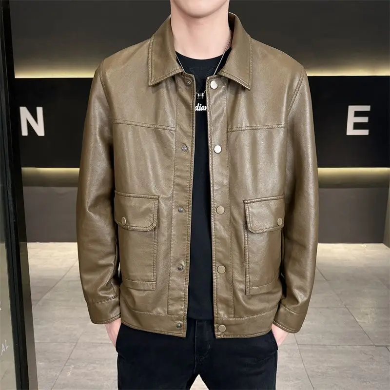 

Мужская кожаная куртка премиум-класса, весенне-осенняя модная байкерская куртка с воротником рубашки, модное доступное новое поступление