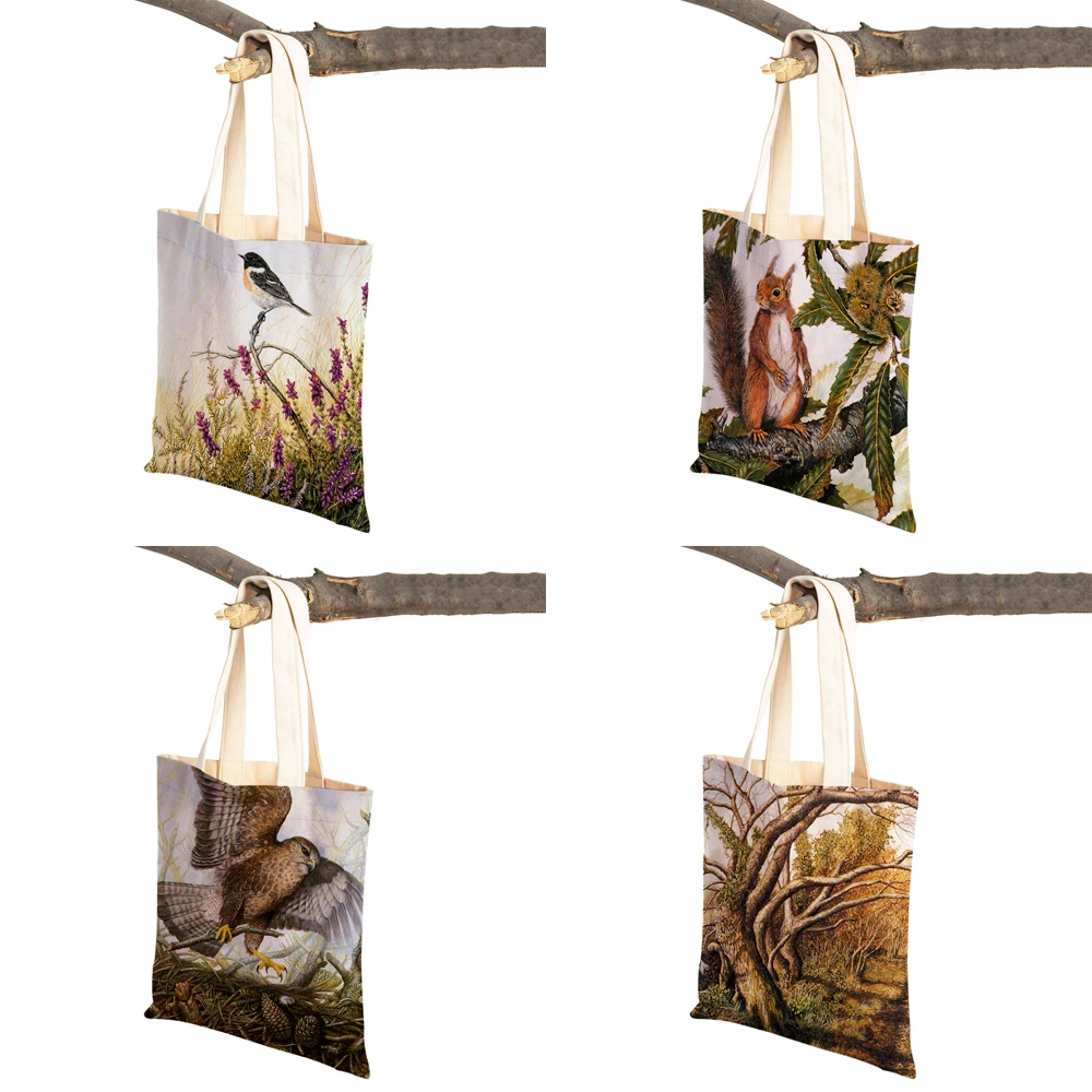 Watercolor Women Shopping Bag Fox Bird Squirrel Print Both Sided Reusable Canvas Cartoon Animal Casual Tote Shoulder Handbag