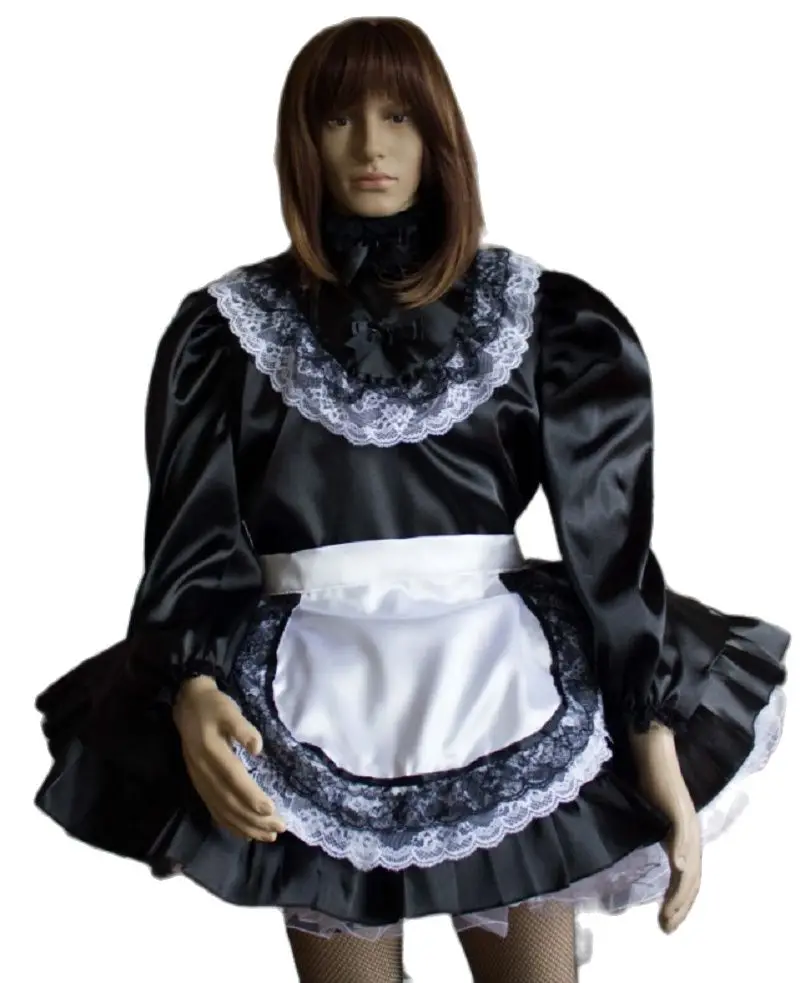 

Gothic Sissy New Hot Selling Sexy Adult Black Satin Lace Apron Maid Dress Customization