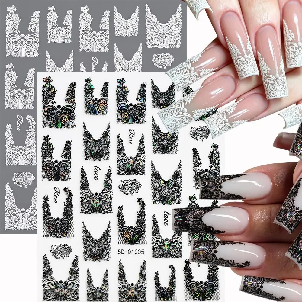 1/2Pcs 5D Black White Vintage Lace Nail Stickers French Laces Flower Border Self Adhesive Nails Decals V-Shaped Manicure Decor N