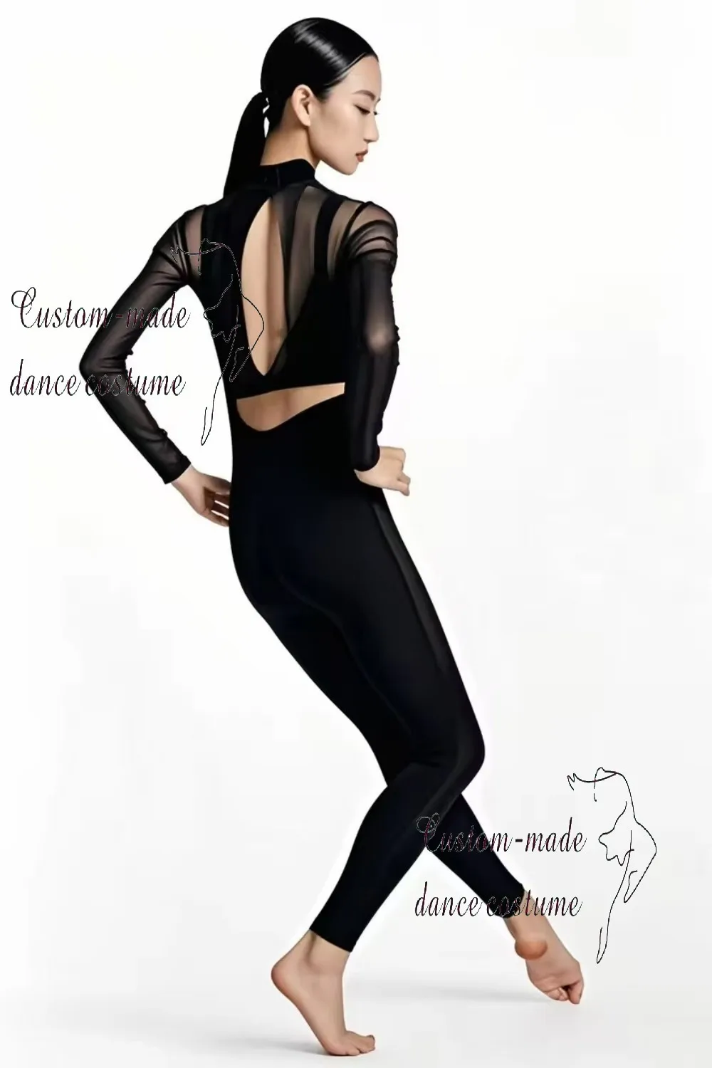 High-Neck Matte Nylon-Spandex Unitard Bodysuit with G-Hook Closure and Keyhole Back, Designed for Ballroom Performance and Stage