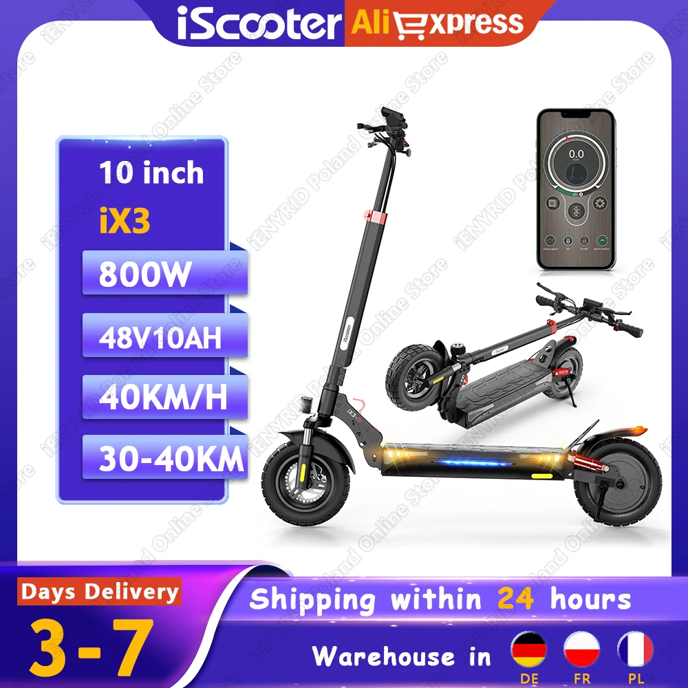 iScooter IX3 Electric Scooter 800W 48V10Ah Bluetooth-enabled or APP-Controlled Scooters Electric Adult 10 Inch Tire E-Scooter