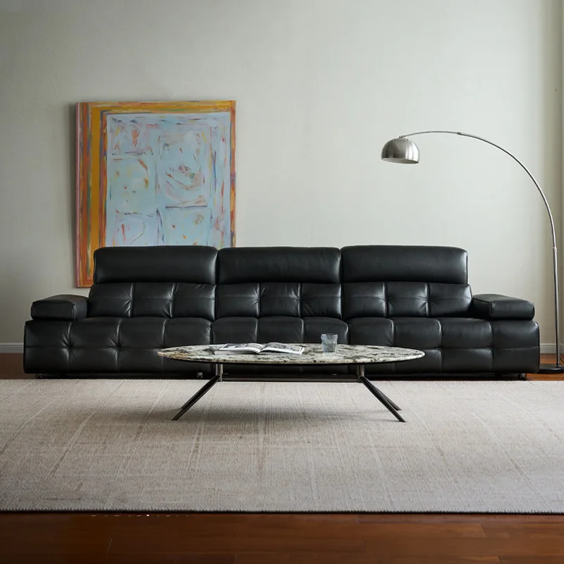 High backrest leather sofa high-end black living room straight row high-end sofa