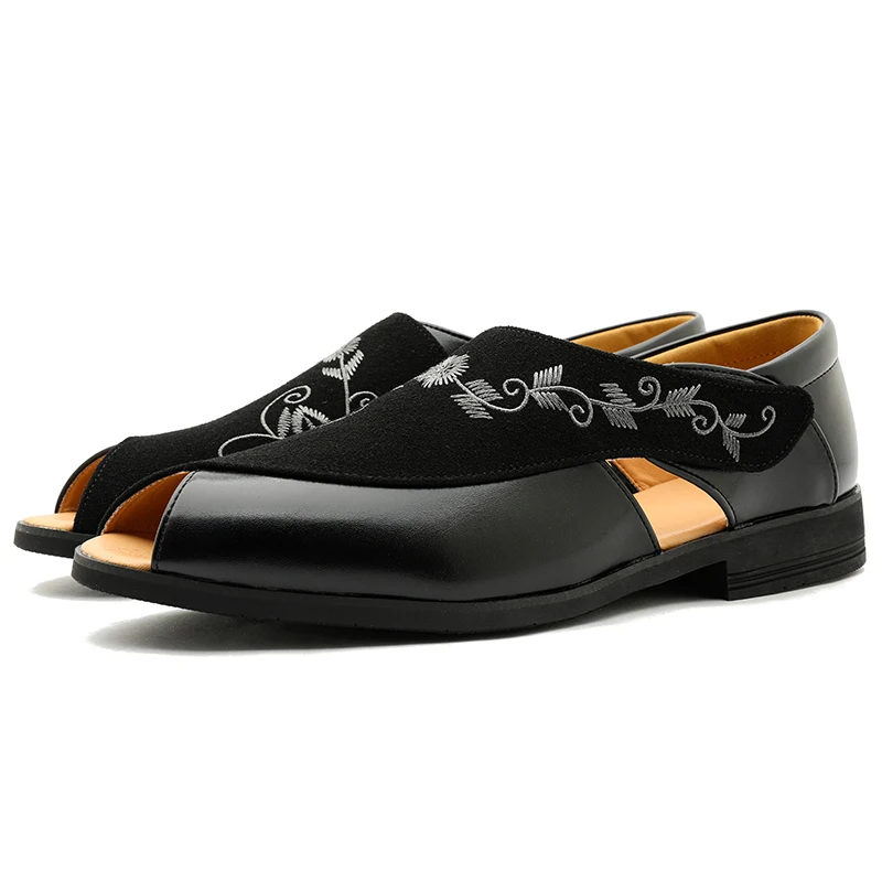 Men Embroidered Leather Peep Toe Sandals Slip On Hollow Out Flat Dress Shoes Summer Luxury Casual Slippers For Beach Daily Party