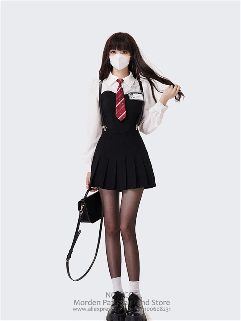 New 2024 Spring Autumn Long sleeved Academy Style American Spicy Girl JK Uniform Set with White Shirt, Black Pleated Skirt, Tie