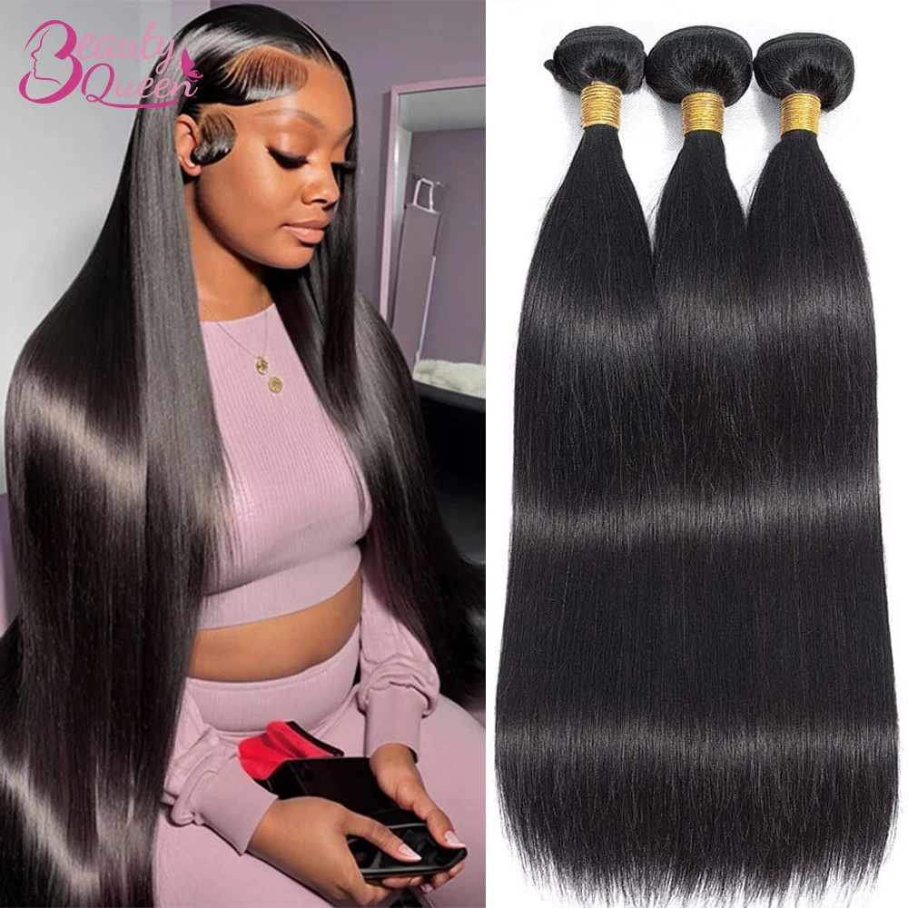 BeautyQueen-Bundles de cheveux humains raides, Extensions de cheveux humains, Naturel, Noir, Document, Vendeurs, Vente en gros, 12 "-30", 1 PC, 3/4 PC