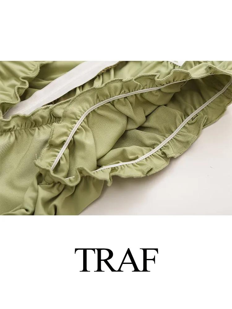 TRAF 2024 여름 원피스 솔리드 브이넥 민소매 슬림 플리츠 미디 드레스, 여성 백 지퍼, 섹시한 파티, 여성 이브닝 원피스