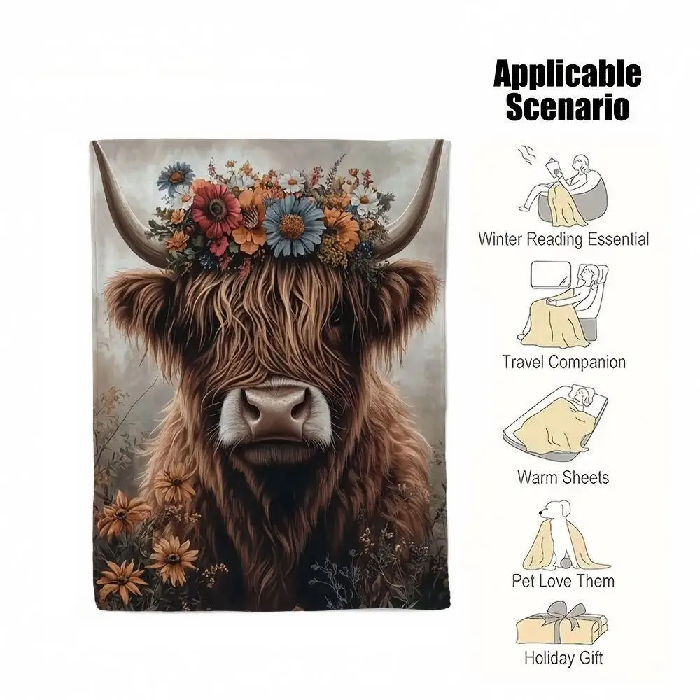 Cozy Throw Blanket with Sunflower Highland Cow Print for Bed Sofa Bedroom