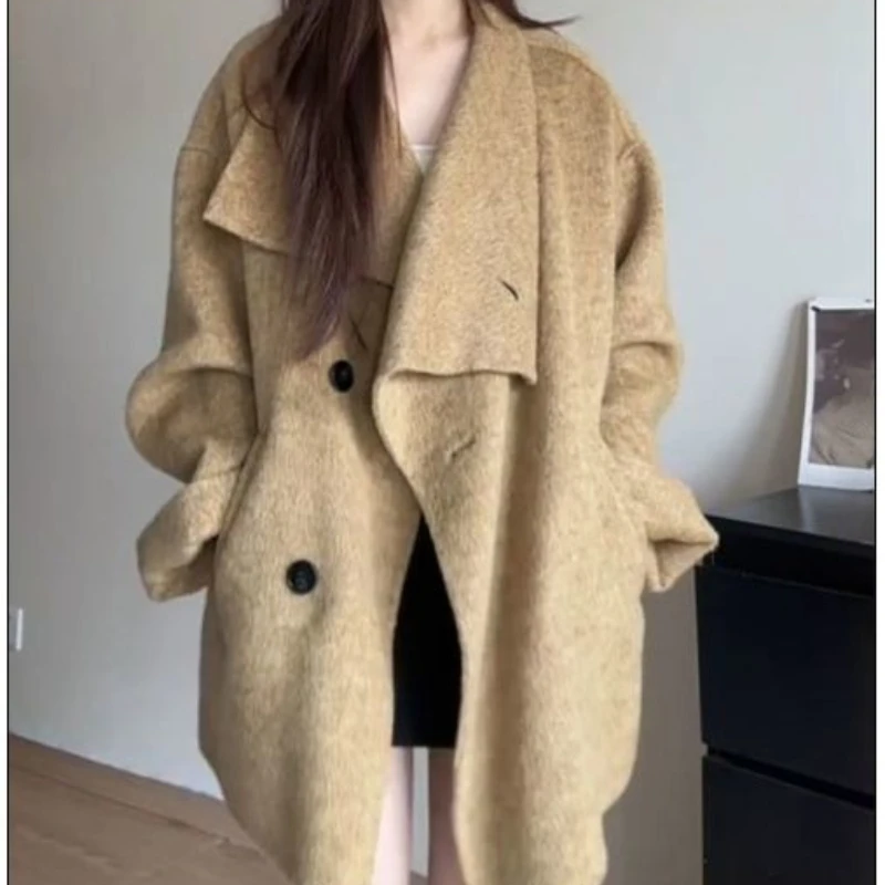 

High-end Double-sided Wool Coat for Women, 2025 Autumn and Winter New Style, Elegant Slim-fit Loose Woolen Overcoat