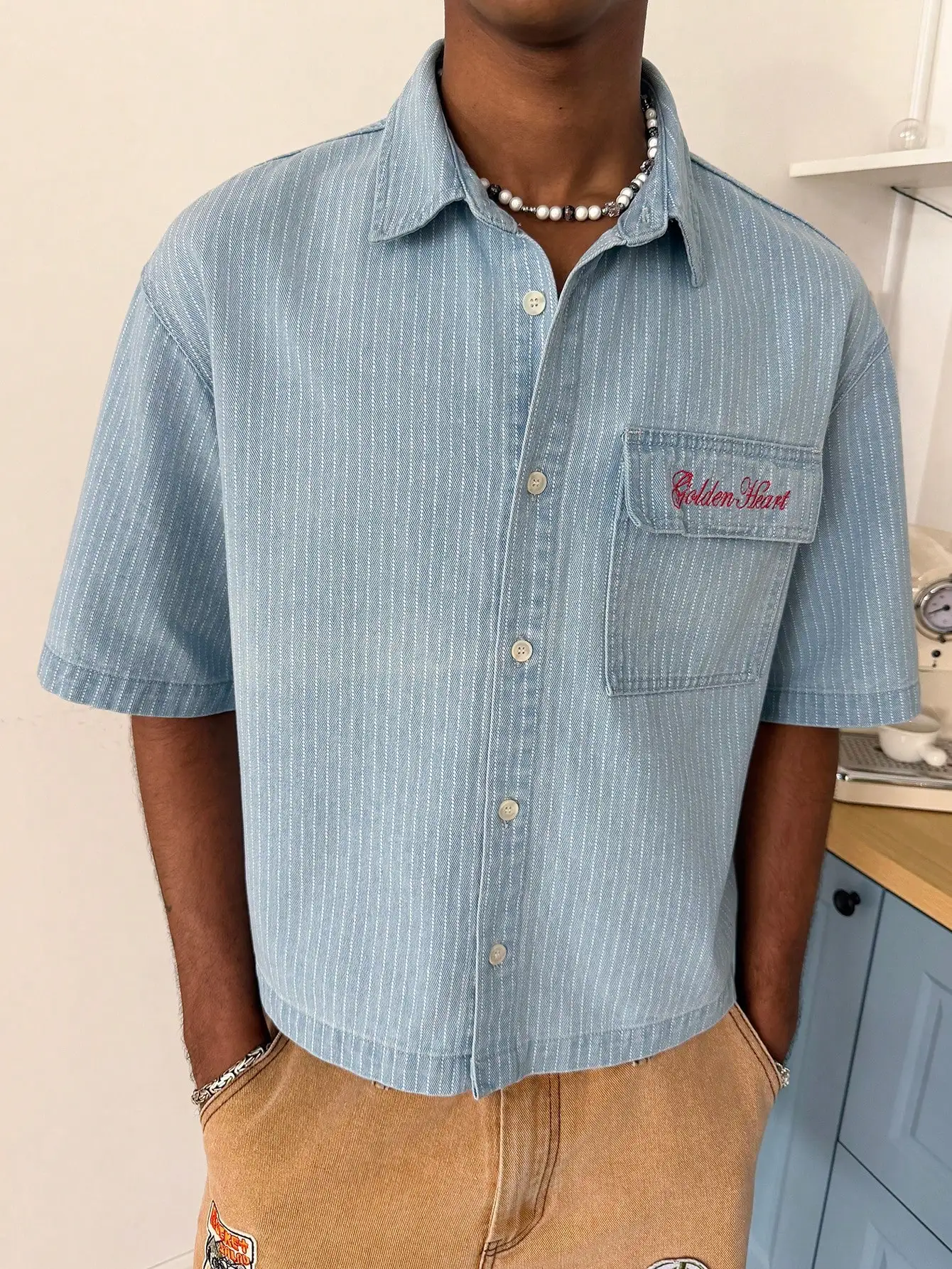 

Men's Casual Striped Embroidered Denim Short Sleeve Shirt