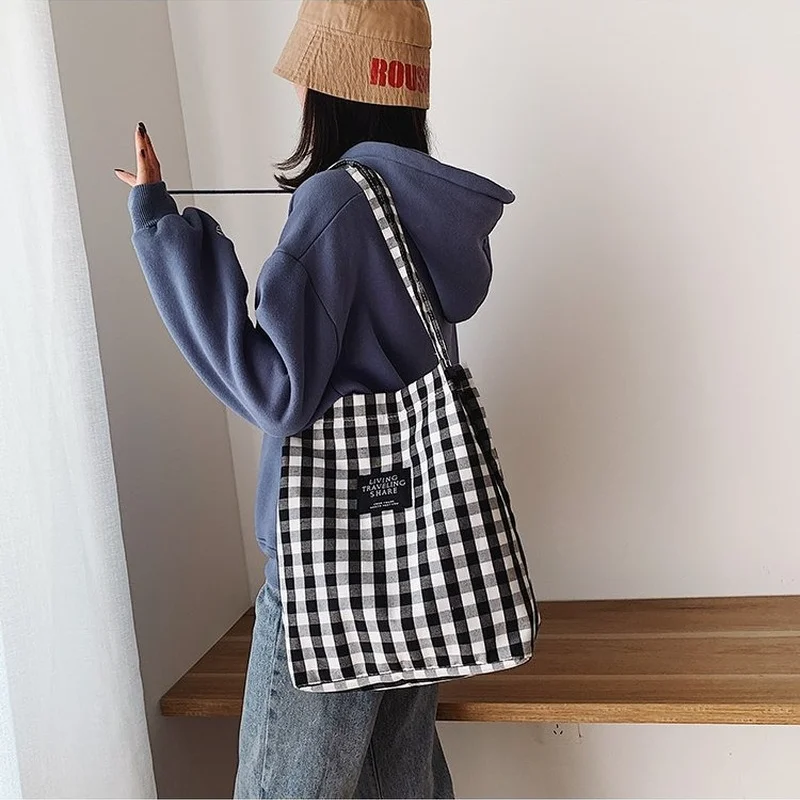 Fashion Durable Women Student Cotton Linen Single Shoulder Bag Shopping Tote Check Plaid Female Flax Canvas Shopping Bags 2024