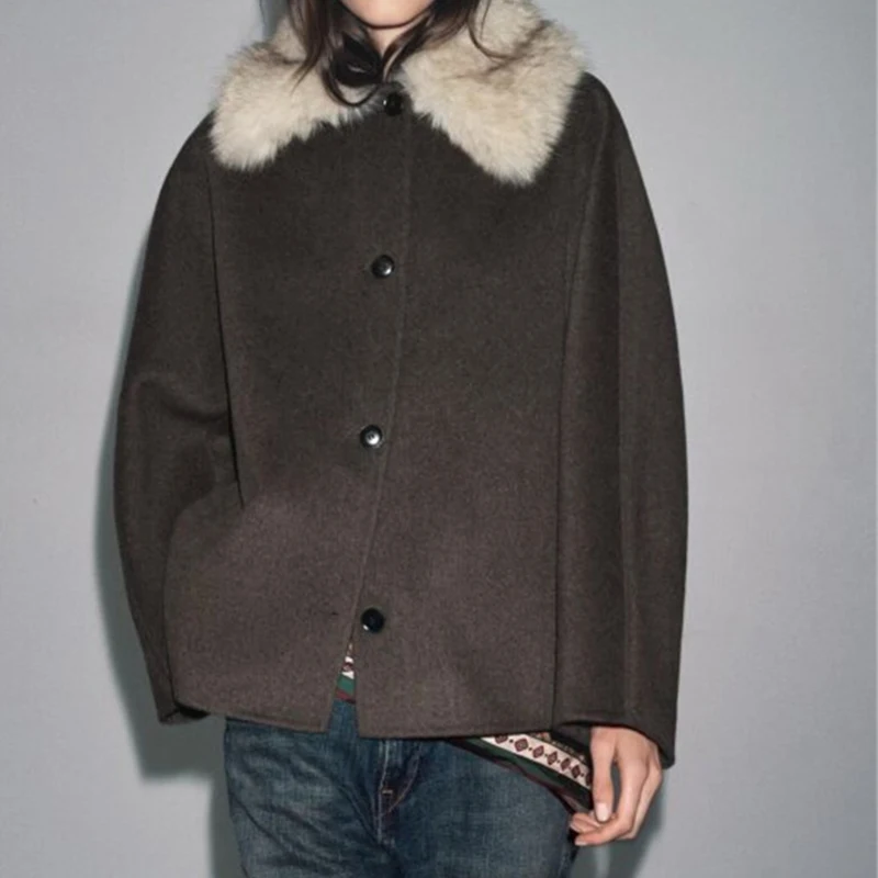 

Blended Artificial Fur Collar Lady Jacket Coat Casual Female Fashion Warm Streetwear Tops Simple Style Outerwear