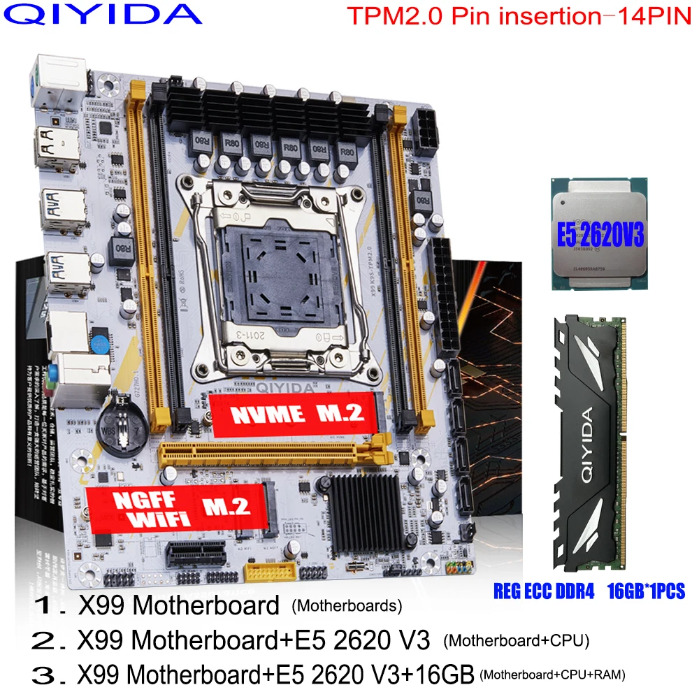 Qiyida X99 motherboard set LGA2011 3 Xeon E5 2620 V3 DDR4 16GB REGECC memory USB3.0 NVME M.2 NGFF WiFi SATA3.0 Server TPM2.0 K9S