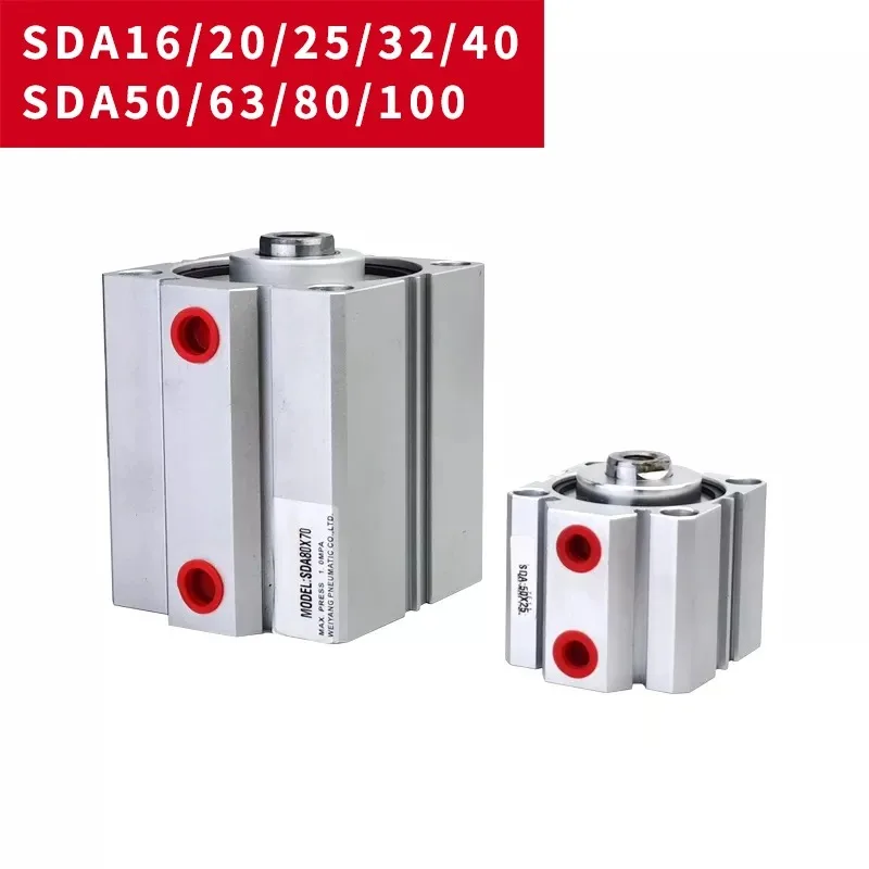 SDA 16/25/50/100mm Bore Double Acting 5/10/20/30/40/50/60/70/80/90/100mm StrokeCompact Air Pneumatic Cylinders