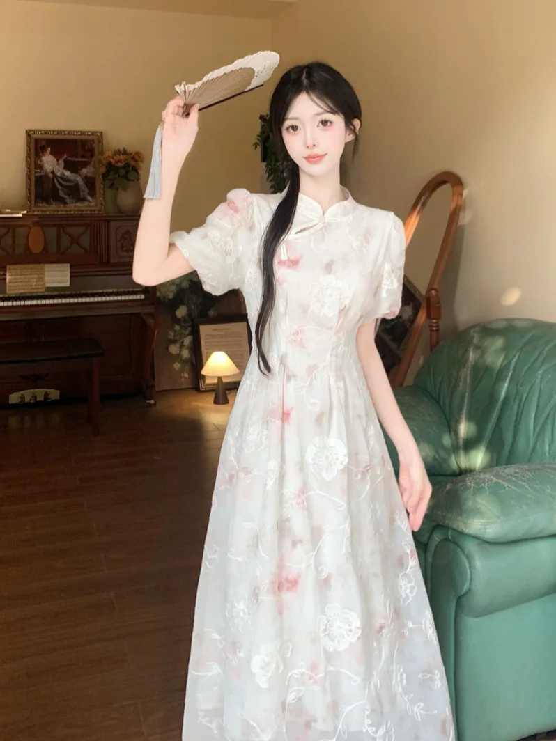 Women Chiffon Cheongsam Dresses Summer Female Stand Collar Short Sleeve Large Size Elegant A Line Casual Floral Printed Vestidos