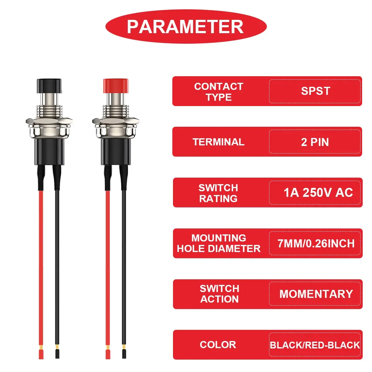 12Pcs 1A 250V AC 2 Pins SPST Black/Red Normal Open Mini Momentary Push Button Switch with Pre-soldered Wires