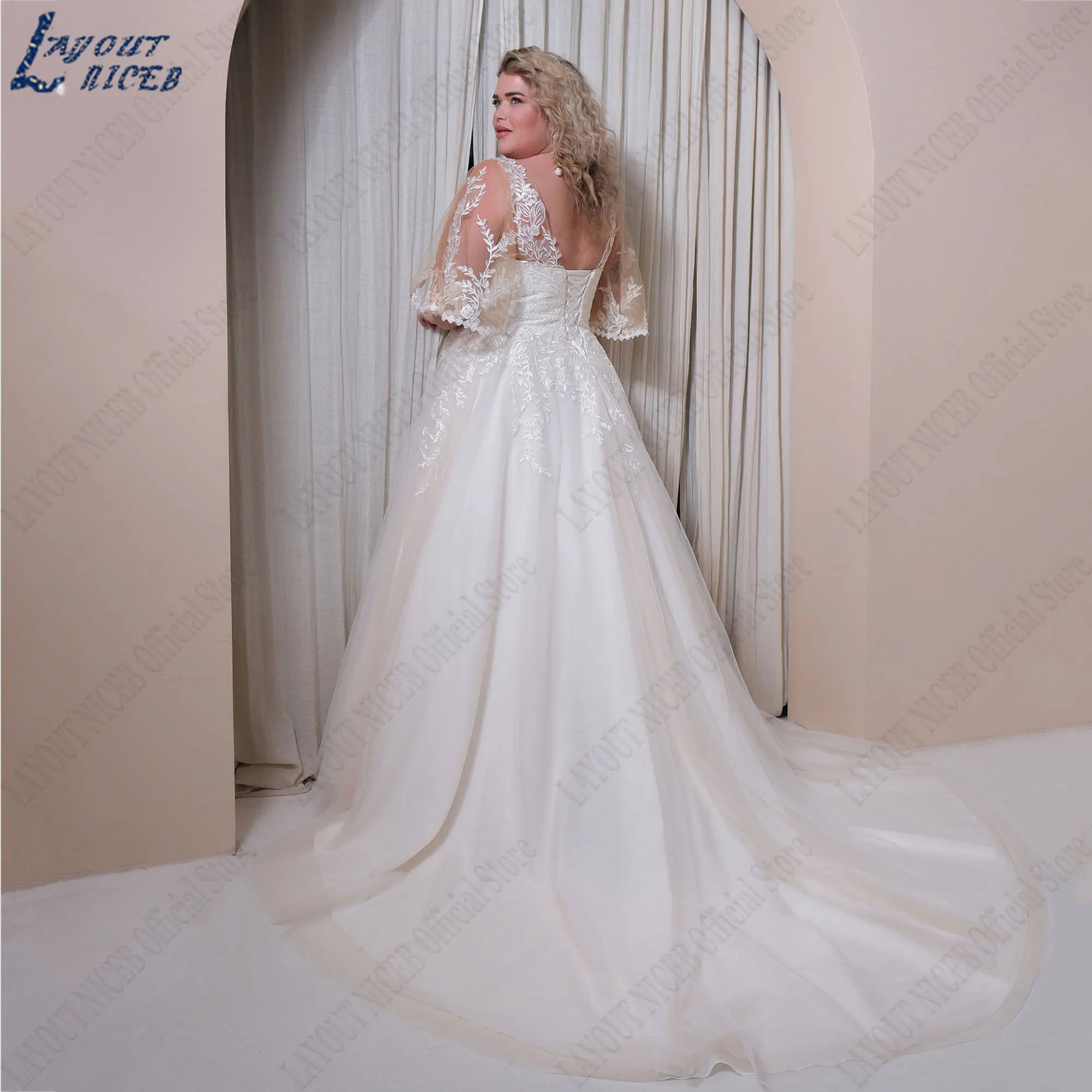 LAYOUT NICEB-Robe de mariée en tulle, grande taille, avec appliques, demi-manches chauve-souris, dos nu, ligne A, éducatif, 2024Mise en page niceb plus size appliques robe de mariée demi bat manches robe de mariée dos