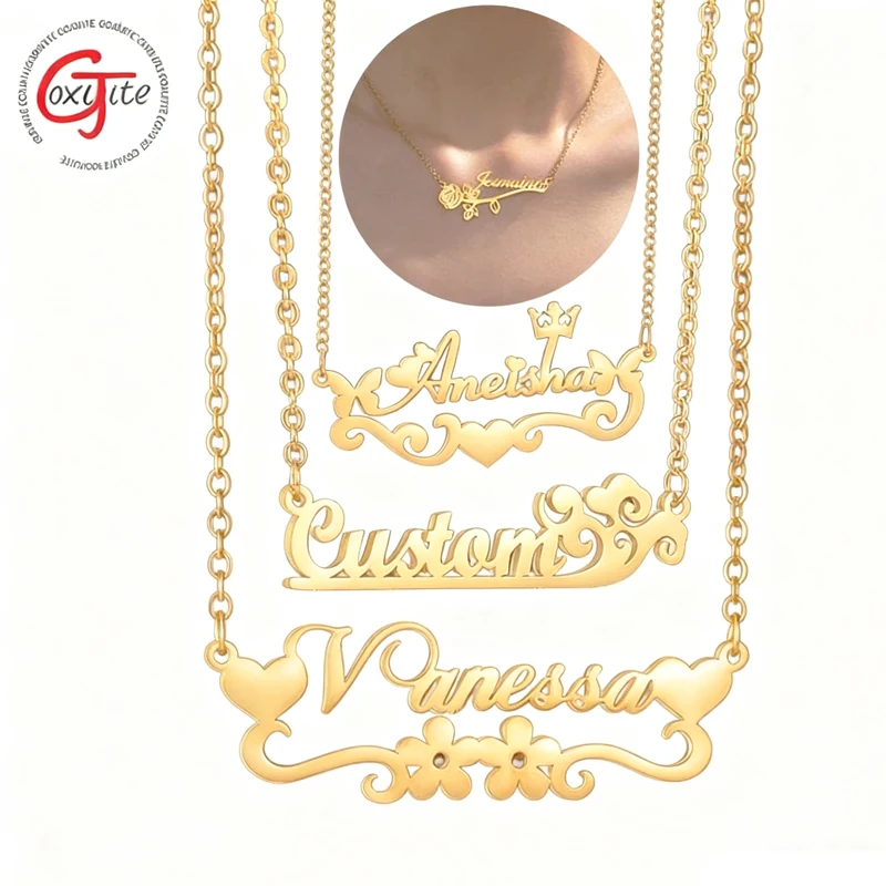 Goxijite Custom Name Necklace For Woman Various Love Crown Heart Base Nameplate Choker Stainless Steel Personalized Jewelry Gift