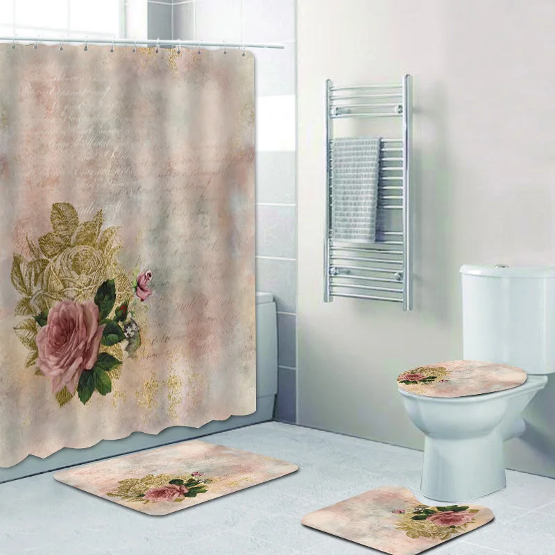 Girly Pastel Steampunk Rose Pink and Gold Sophisticated Shower Curtain Set for Toilet Grunge Floral Bathroom Curtains Home Decor