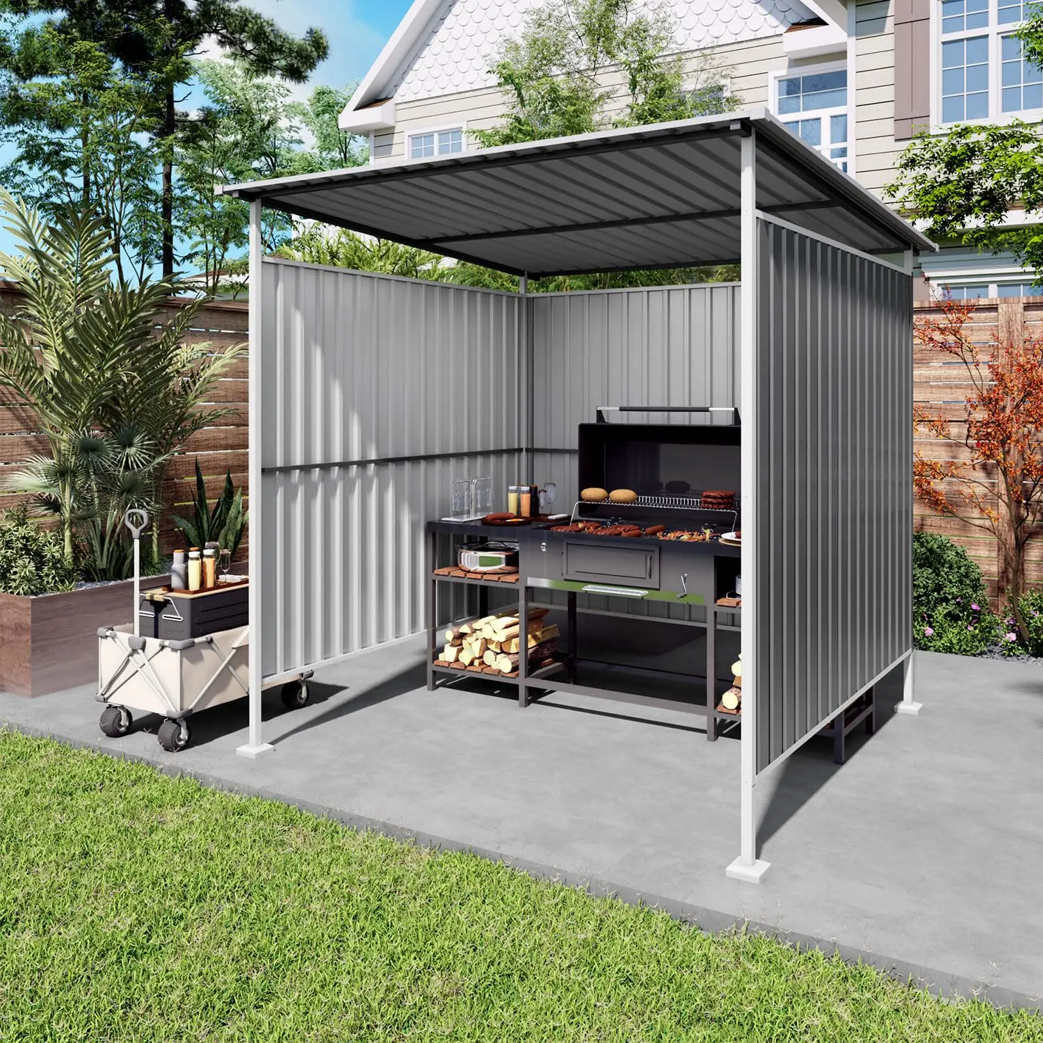 6x6FT Metal Lean-to Pergola, Doorless Patio Gazebo for Bike Storage BBQ Grill & Outdoor Equipment Backyard Deck Lawn, Customized