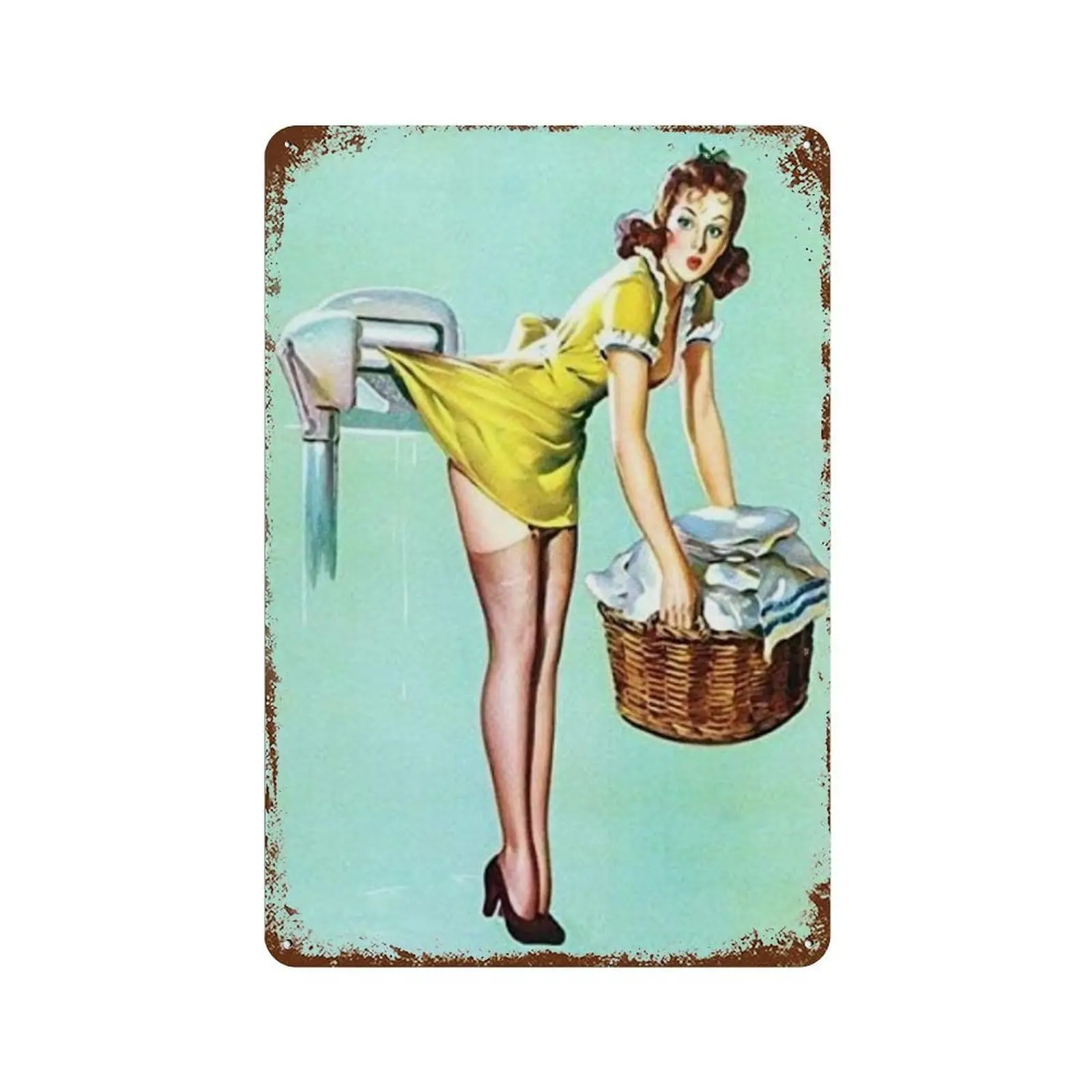 Metallschild Pin Up Girl Waschküche Metallblechschild Aluminiumschild für Zuhause Kaffee Wanddekoration