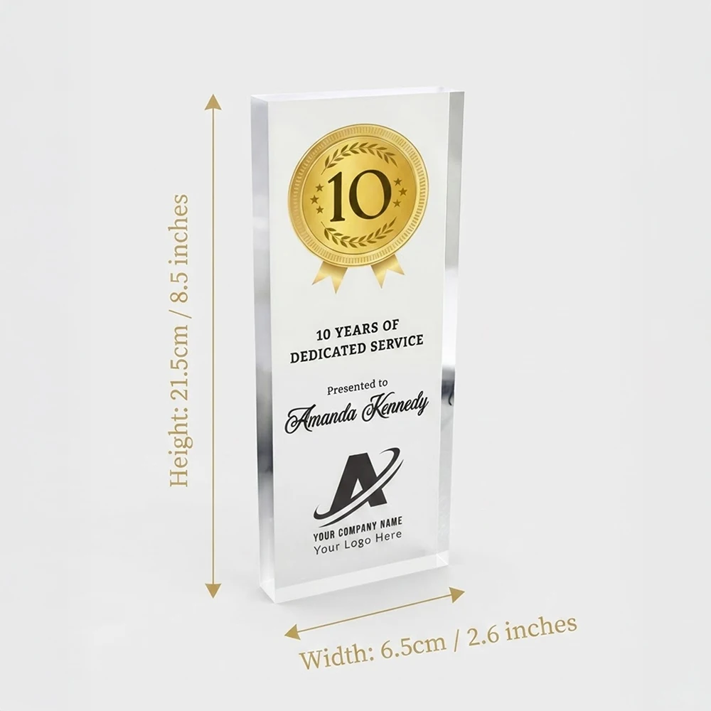 Personalized Crystal Service Award, Custom Logo Text Acrylic Plaque for Employee Years of Dedicated Service Appreciation Gift