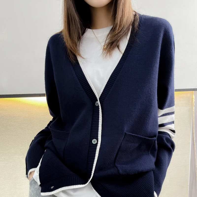 TB Cashmere Knit Cardigan, V-Neck Sweater, Loose Long-Sleeved Coat, New Arrival