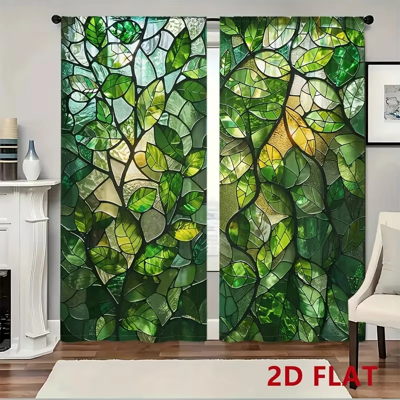 2PC Stained Glass Leaf Curtains Green Nature Print Light Filtering Drapes Art Deco Home Decor for Bedroom Living Room