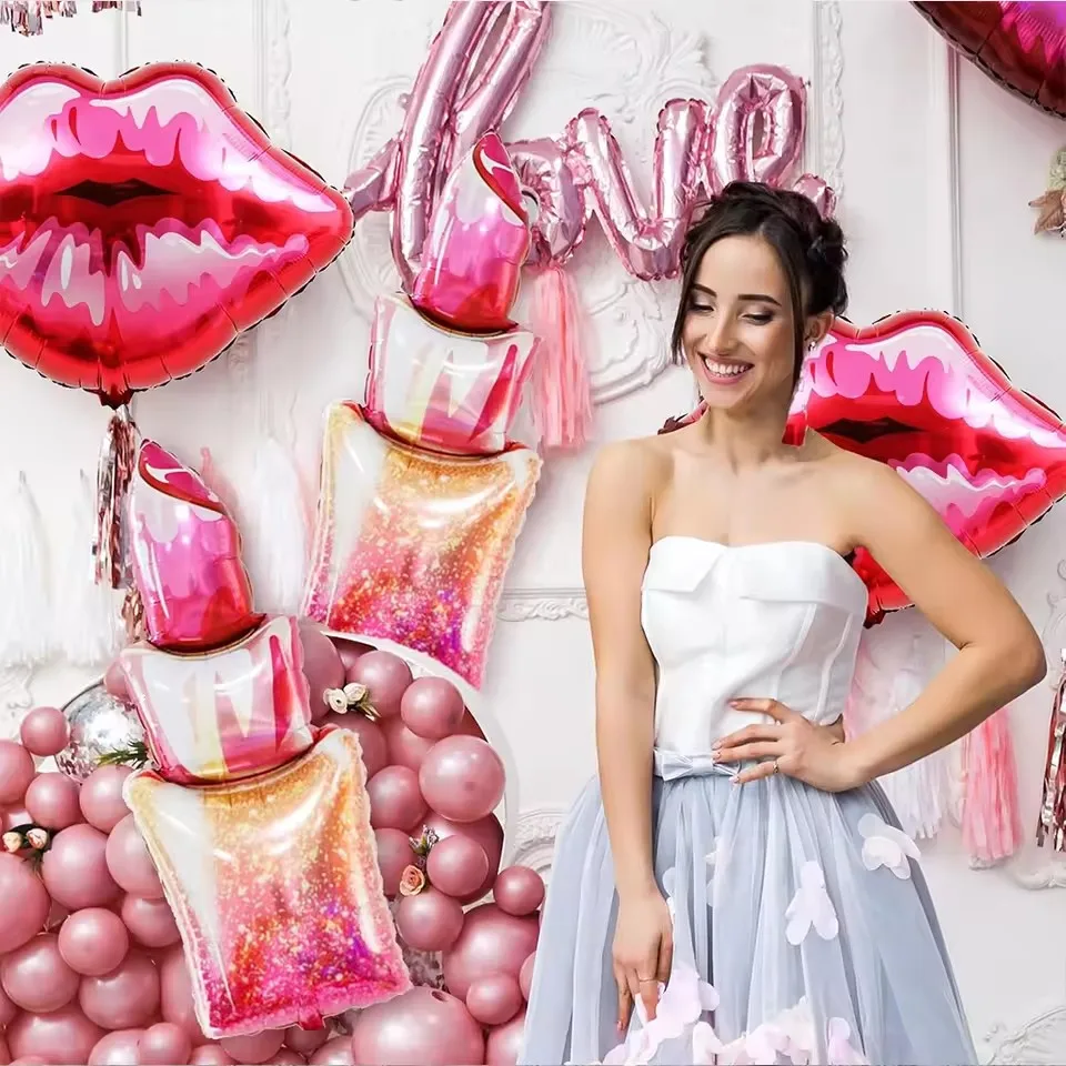 4 Uds. Globo de labio beso, lápiz labial rojo, globo para maquillaje, Spa, cumpleaños, fiesta de niña rosa, boda, despedida de soltera, suministros de decoración