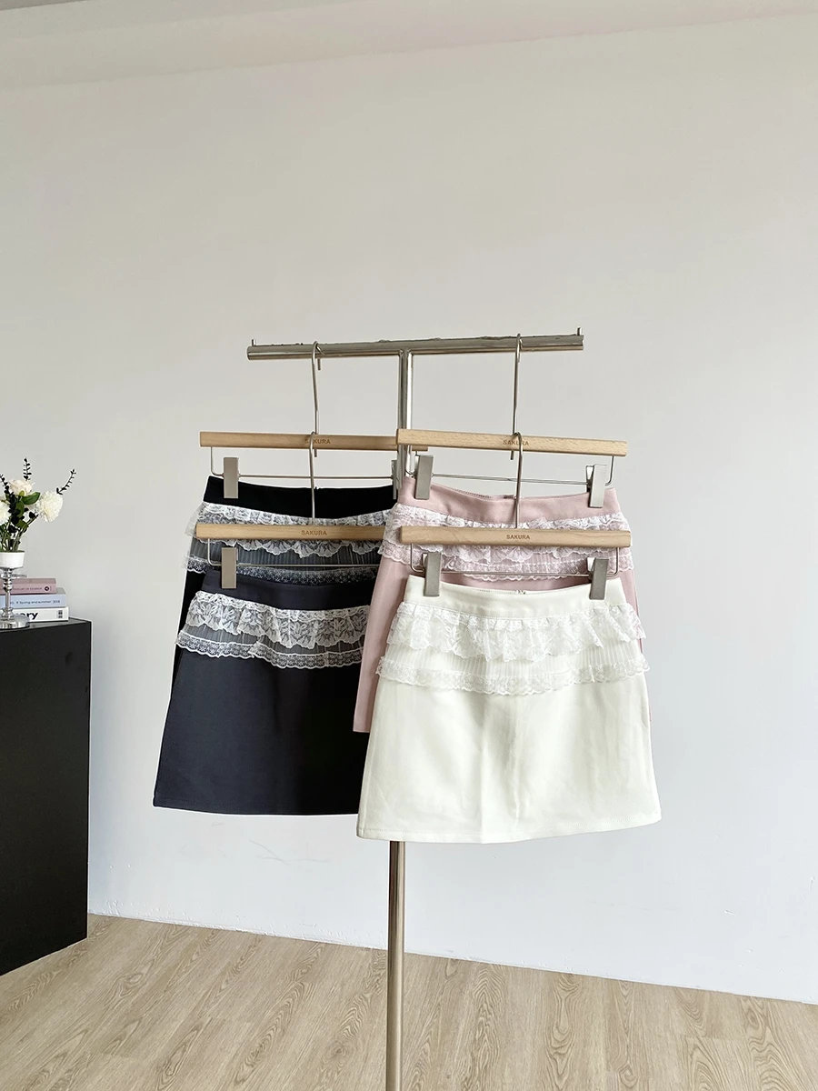 

Юбка в корейском стиле с кружевной отделкой, высокая талия, А-силуэт, однотонная, из полиэстера, новинка лета 2025, универсальная, размер S