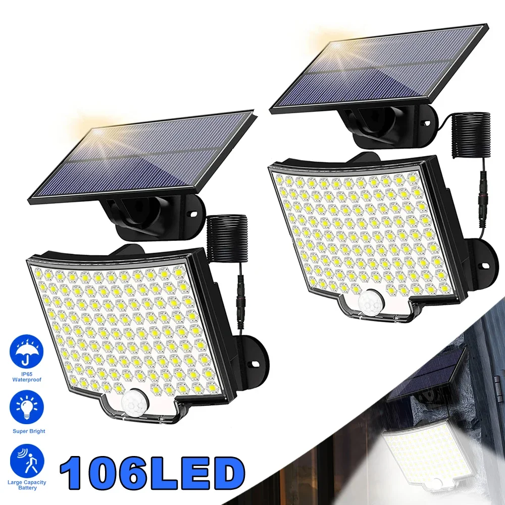 1/2 pièces capteur solaire applique murale 106 LED Super lumineux inondation solaire avec télécommande 3 Modes extérieur Garage LED lumière de sécurité