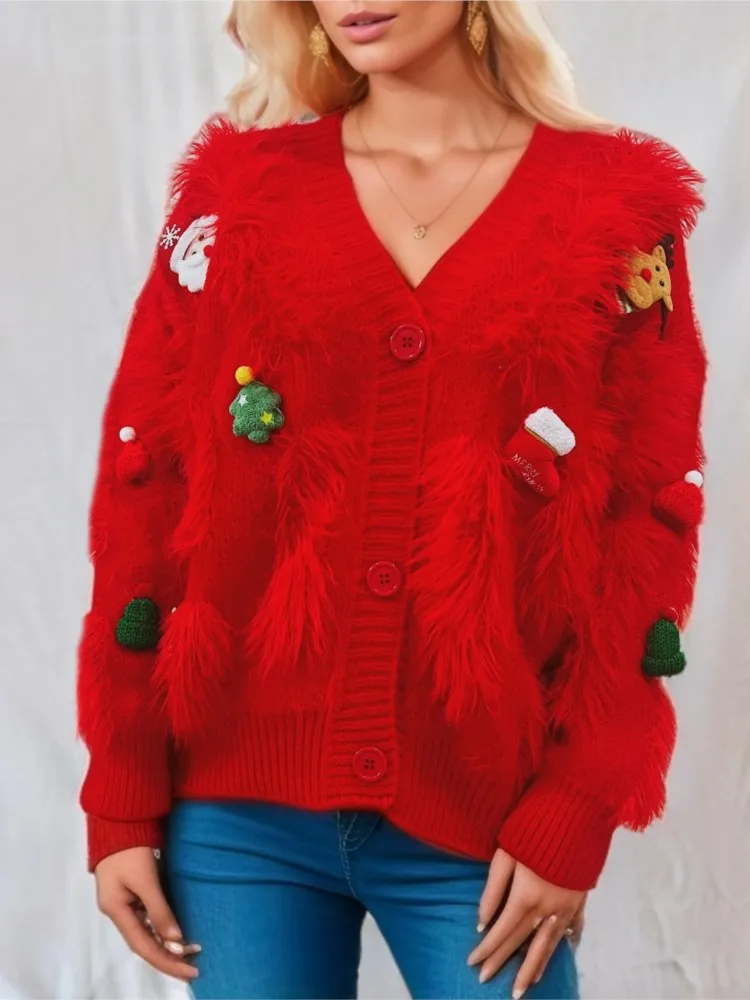 

Autumn And Winter Christmas Three-dimensional Decoration Cardigan Jacket Women's Elegant V-neck Loose Long-sleeved Sweater