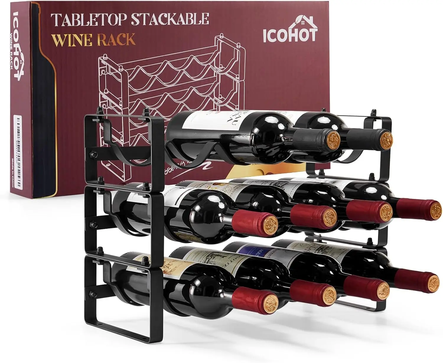 Stackable Wine Rack Countertop, Sturdy Bottle Holder Freestanding for Cabinet, 3 Tier Small Tabletop Stand