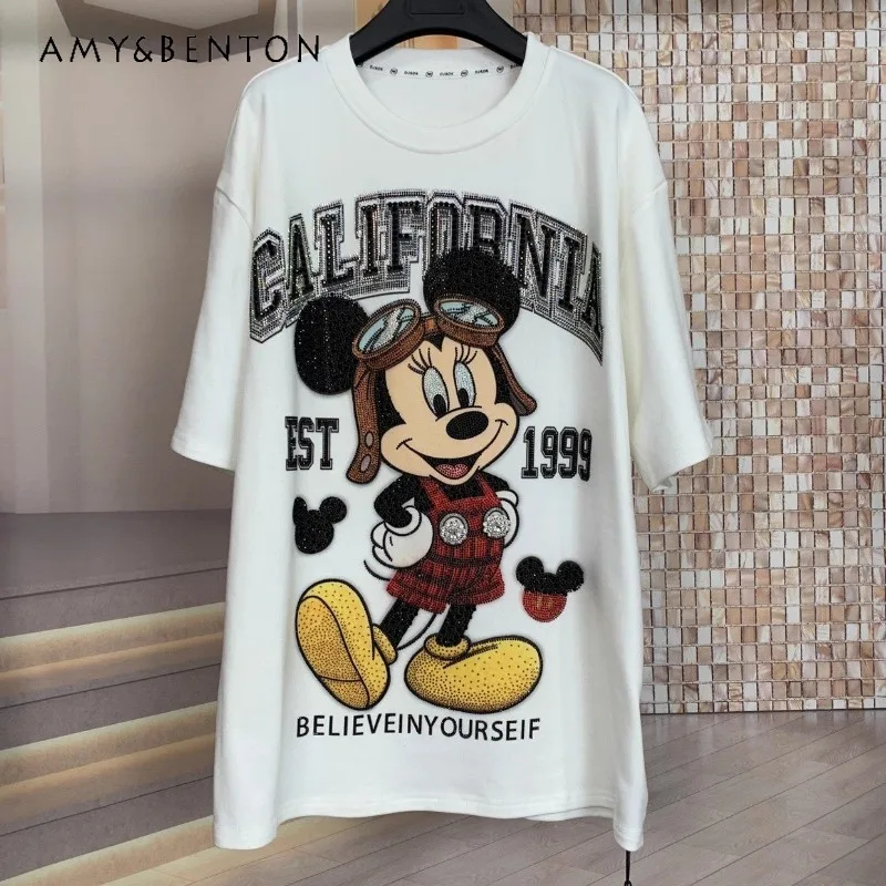 

Осенне-зимняя футболка с начесом, с принтом в стиле индастриал, со стразами и мультяшными очками, омолаживающая, модная, свободного кроя, с коротким рукавом, топ